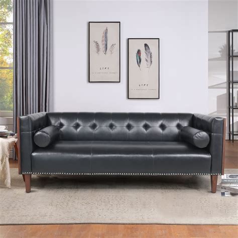 Modern Wooden Sides Arm Sofa with Leather, Nailhead Finish - Bed Bath ...