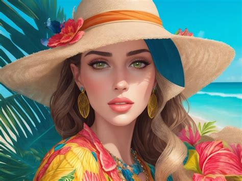 Premium Photo Summer Banner With Exotic Palm Leaves Pretty Sexy Woman With Blonde Hair In A