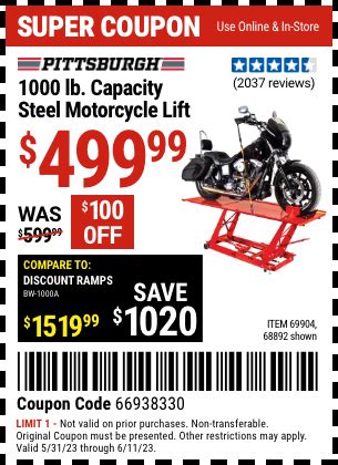 PITTSBURGH 1000 Lb Steel Motorcycle Lift For 499 99 Harbor Freight