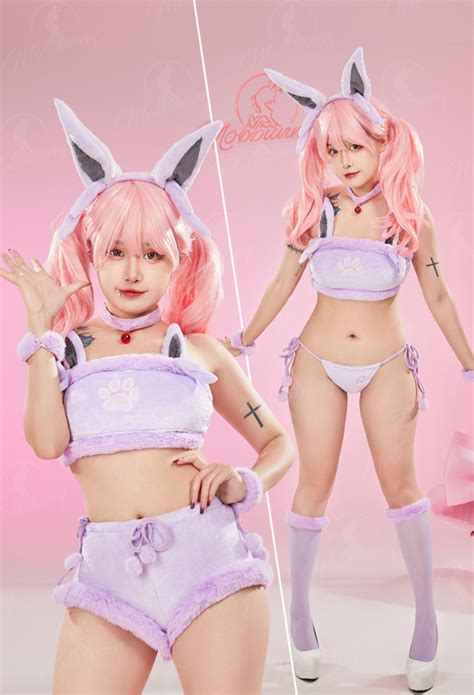 Pm Derivative Kawaii Purple Plush Sexy Lingerie Set Crop Top And Shorts With Lace Up Panty Tail