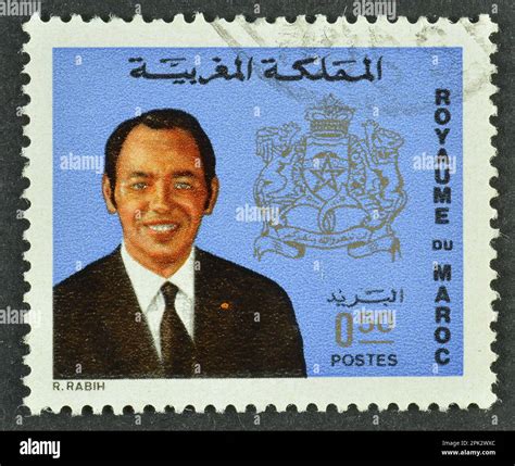 Cancelled Postage Stamp Printed By Morocco That Shows Portrait Of King