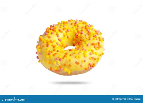 Donut Acristalado Amarillo Con Salpicaduras De Color Aislado Sobre