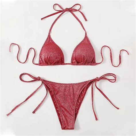 Utsjkr Triangle Bikini For Women Piece Halter Bikini Sets Sexy High Cut Bathing Suit Side Tie