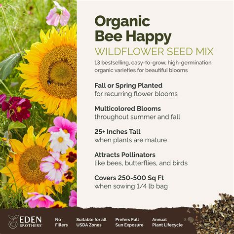 Bee Happy Organic Bee Attractor Wildflower Mix Flower Seeds Eden