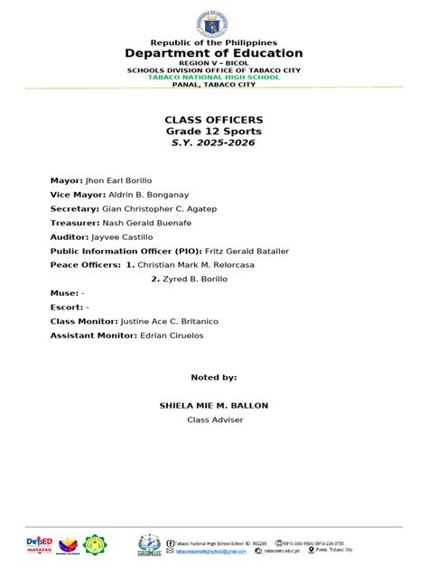 Grade 12 Sports Class Officers 2025 2026 Pdf