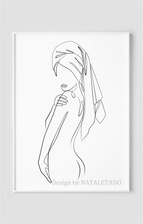 Nude Woman One Line Art Female Body Line Drawing Print Minimalist Bathroom Wall Art Naked