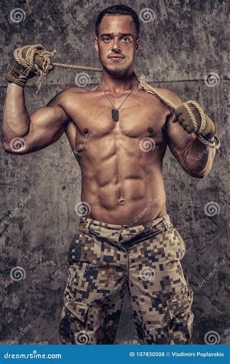 Strong Athletic Man With Naked Body In Military Pants Stock Photo Image Of Beautiful Human