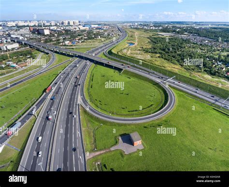 Multi-lane highway exits. Interganges of Saint Petersburg ringroad at ...