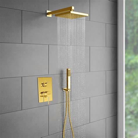 Juno Square Wall Mount Gold Shower Head Set With Handheld Shower