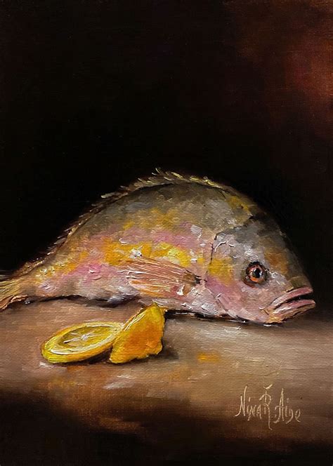 Original Oil Painting Yellow Tail Snapper Fish And Lemon By Nina R Aide