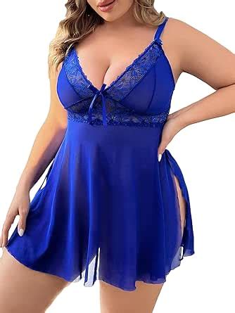 Roseseek Women S Plus Size Contrast Lace Mesh Lingerie Dress Sleeveless V Neck Babydolls