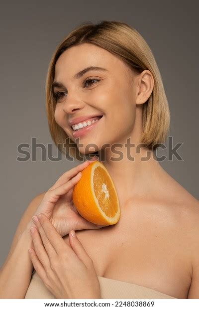 Happy Blonde Woman Naked Shoulders Holding Stock Photo Shutterstock