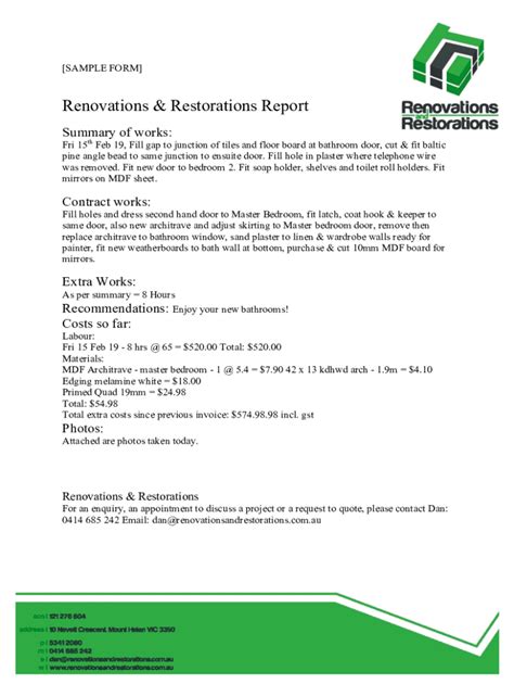 Fillable Online Renovations And Restorations Sample Form Docx Fax Email