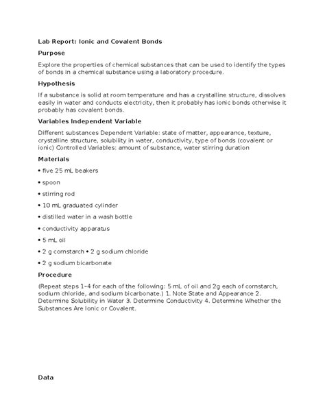 Lab Report Ionic And Covalent Bonds Lab Report Ionic And Covalent