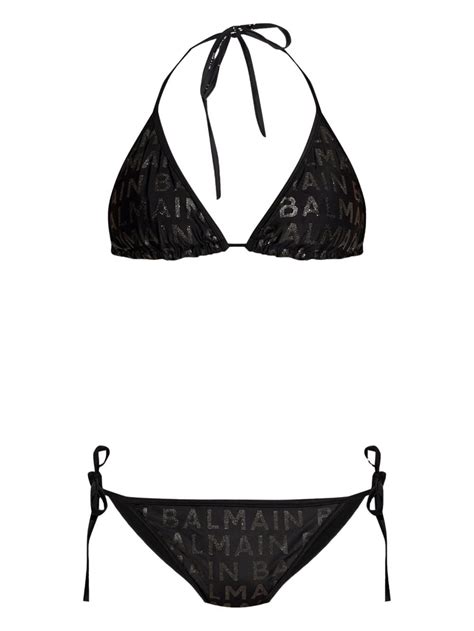 Balmain Logo Print Triangle Bikini In Schwarz Modesens
