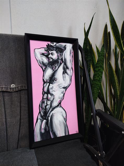 Nude Male Figure Original Sketch Painting Muscled Torso Man Body