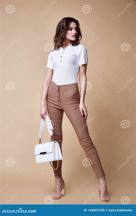 Beautiful Woman Fashion Glamour Model Brunette Hair Makeup Wear Silk Blouse Trousers Clothes For