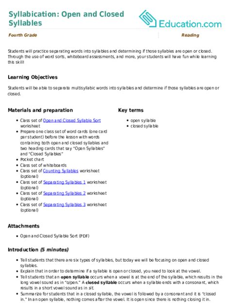 Syllabication Open And Closed Syllables Lesson Plan