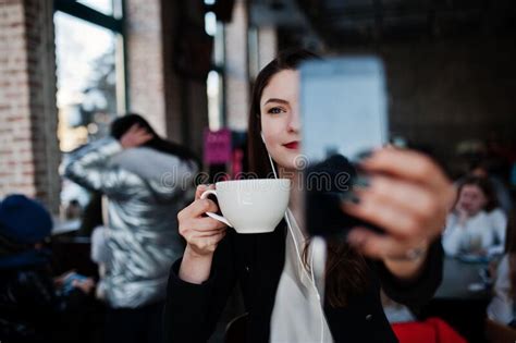Brunette Girl Sitting On Cafe Stock Photo Image Of Mixed Smart