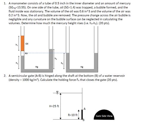 Solved 1 A Manometer Consists Of A Tube Of 0 5 Inch In The Chegg