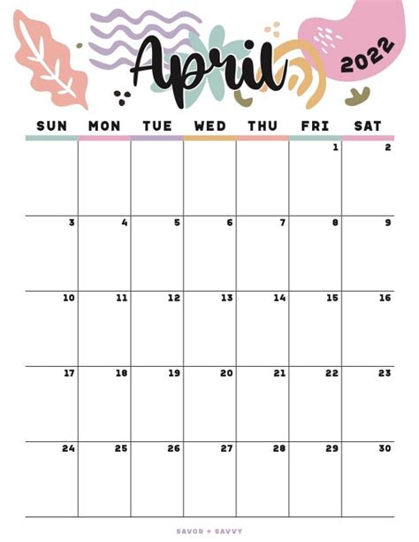 Cute Printable April 2022 Calendar