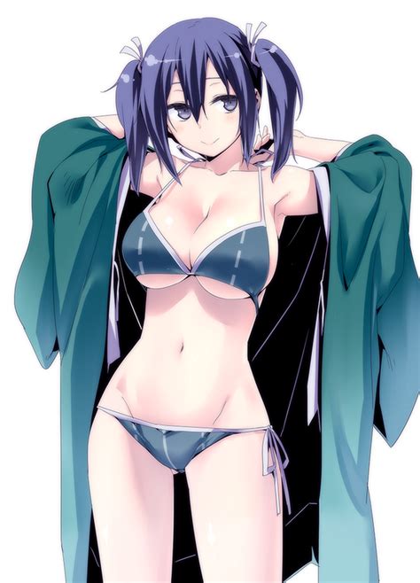 Safebooru 1girl Bikini Bikini Bottom Bikini Top Blue Eyes Blue Hair Breasts Hair Ribbon Himura