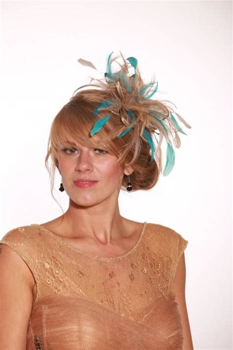 Taupe Nude Satin And Feathers With Jade Green Highlights Small Feather Fascinator Hat Abbie