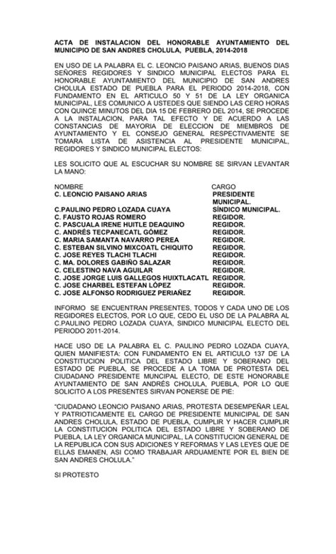 Acta De Instalacion Del Honorable Ayuntamiento Del Municipio De