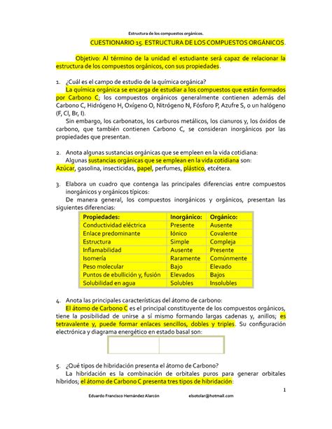 Cuestionario 15 Estructura de los compuestos orgánicos CUESTIONARIO