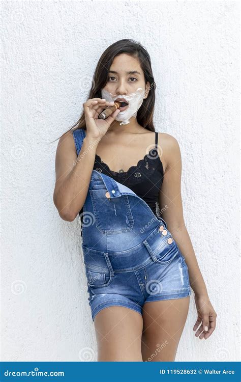 Lingerie Hispanic Brunette Model Shaving Her Face In The Ba Stock Photo