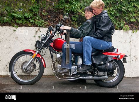 Mature Lesbian Couple Riding Motorcycle Stock Photo Alamy