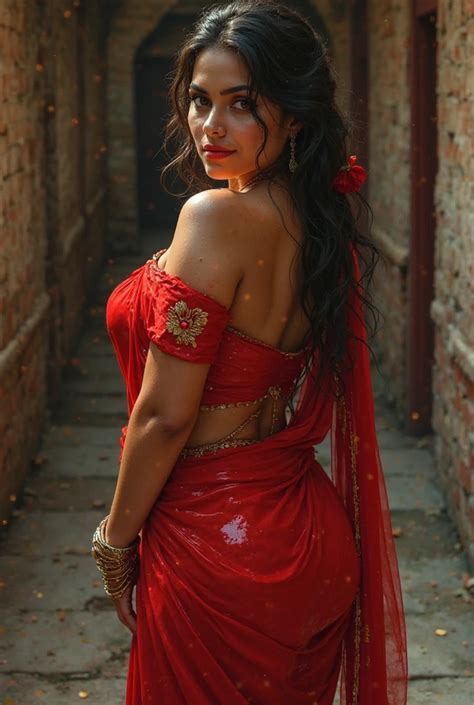 Hot Sexy Indian Maid In Red Saree Wet Saree Water Soaked Saree