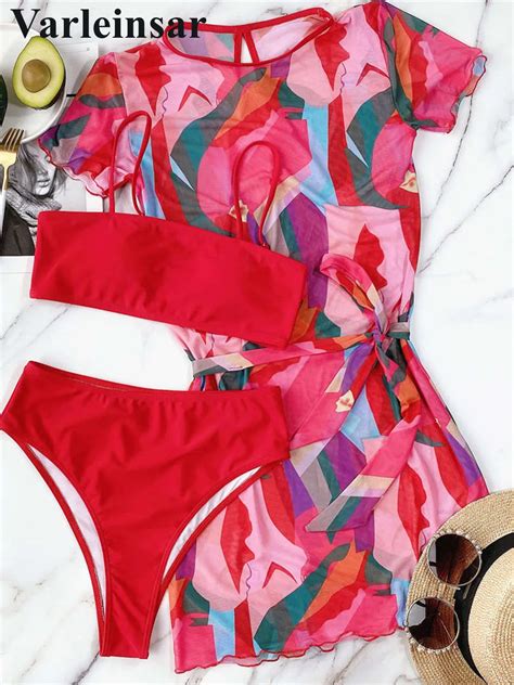 Sexy Printed High Waist Bikini Women Swimwear Female Swimsuit Three Pieces Bikini Set With Dress