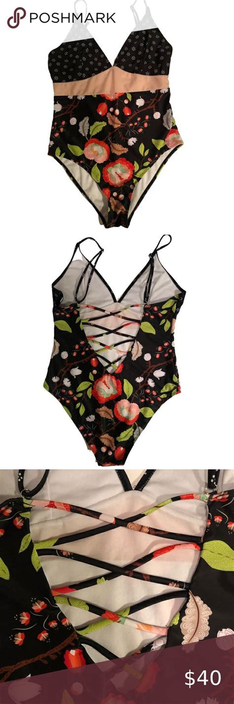 Cute Black Floral One Piece Swimsuit With Semi Open Back Large Floral