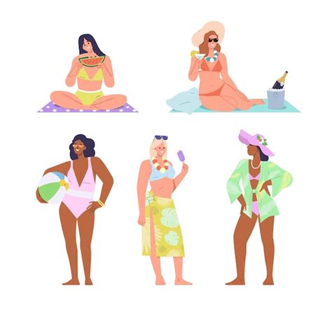 Elegante personaje de mujer hermosa posando en bikini de moda traje de baño sombrero y túnica