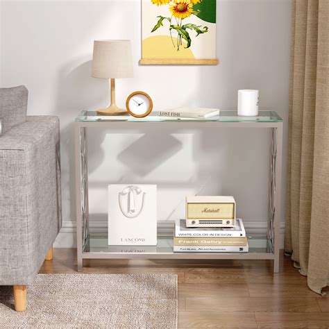 Alazyhome Toughened Glass Clear Console Table With Shelf For Hallway