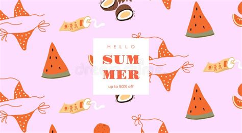 Vector Seamless Summer Pattern With Watermelon Bikini Coconut And Skincare On Pink Background