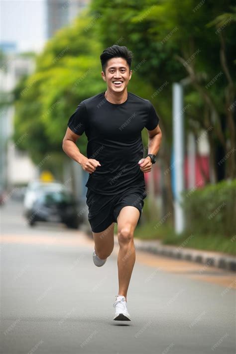 Premium Photo A Man Running Down A Street In A Black Shirt