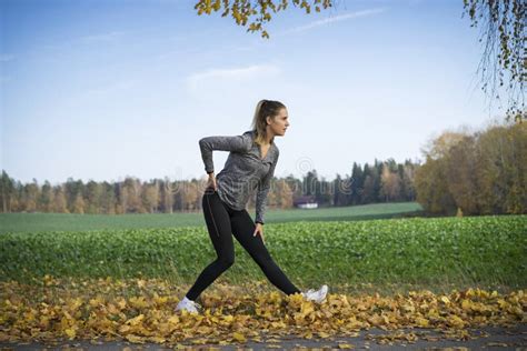 Caucasian Blonde Scandinavian Fitness Girl Training Outdoors In Sweden Stock Photo Image Of
