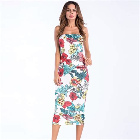 Yilia Floral Strapless Sexy Bodycon Summer Dress Women Sleeveless