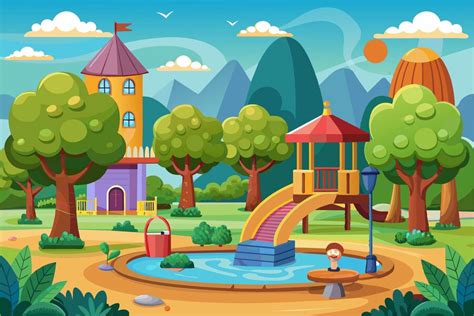 A Cartoon Illustration Depicting A Park With A Tower Trees A Pond A