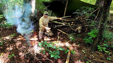 Bushcraft Hunting Blind Build With Canvas Tarp Roof Solo Overnighter