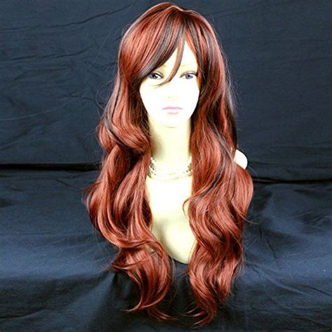 Long Wavy Dark Brown Mix Copper Red Ladies Wigs Skin Top Wiwigs