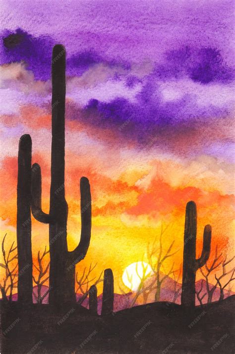 Premium Photo A Beautiful Sunset Landscape Watercolor Painting