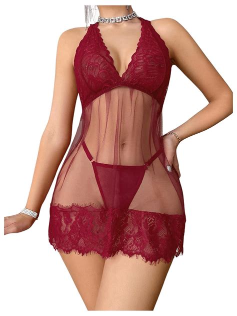 RoseSeek Women S Babydoll Lingerie For Women Halter Mesh Thong Lace Chemise Nightgowns Teddy