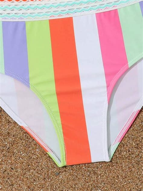 Tween Girl Block Striped Asymmetrical Neck Bikini Swimsuit Shein Uk