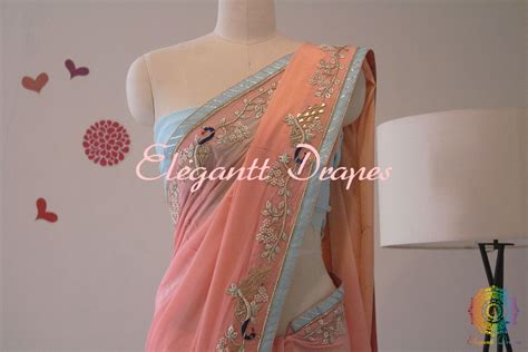 Peach Pure Chinon Crepe Peacock Motif Gota Patti Saree