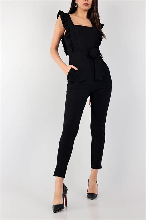 Secret Passion Lingerie Siyah Esnek Kumaş Fırfırlı Kendinden Kemer Detaylı Abiye Tulum Abiye Ve