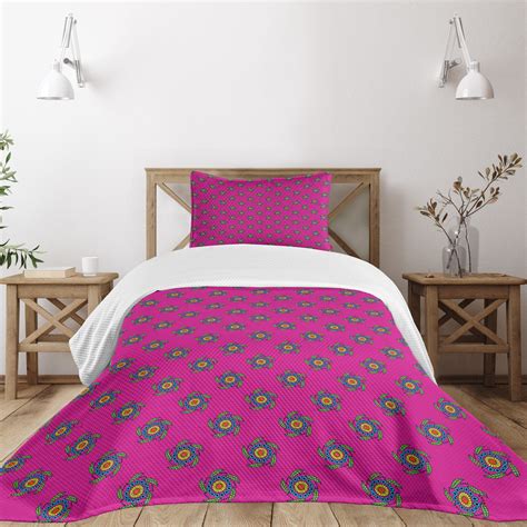 Ambesonne Hot Pink Bedspread Set Windmill Seem Flowers Hot Pink Green