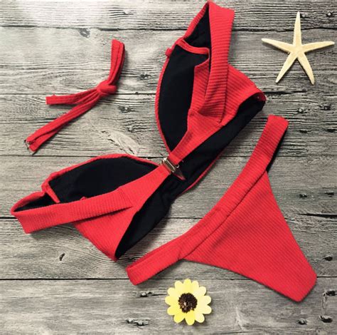 Sexy Pure Red Strapless Cute Two Piece Bikini Lotus Off Shoulder Swimsuit On Luulla